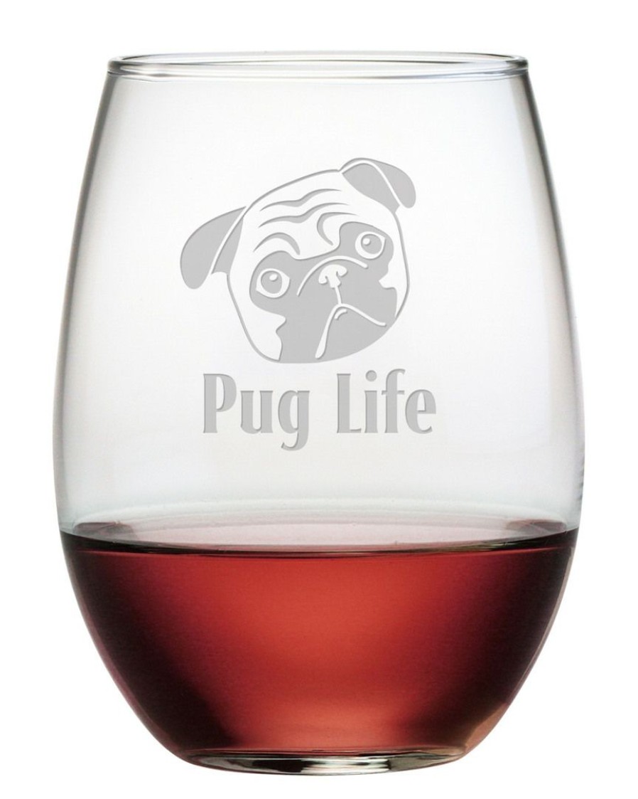 Games & Giftables Susquehanna Glass | Susquehanna Glass Pug Life Set Of Four 21Oz Stemless Wine Glasses Home Bar Carts & Accessories