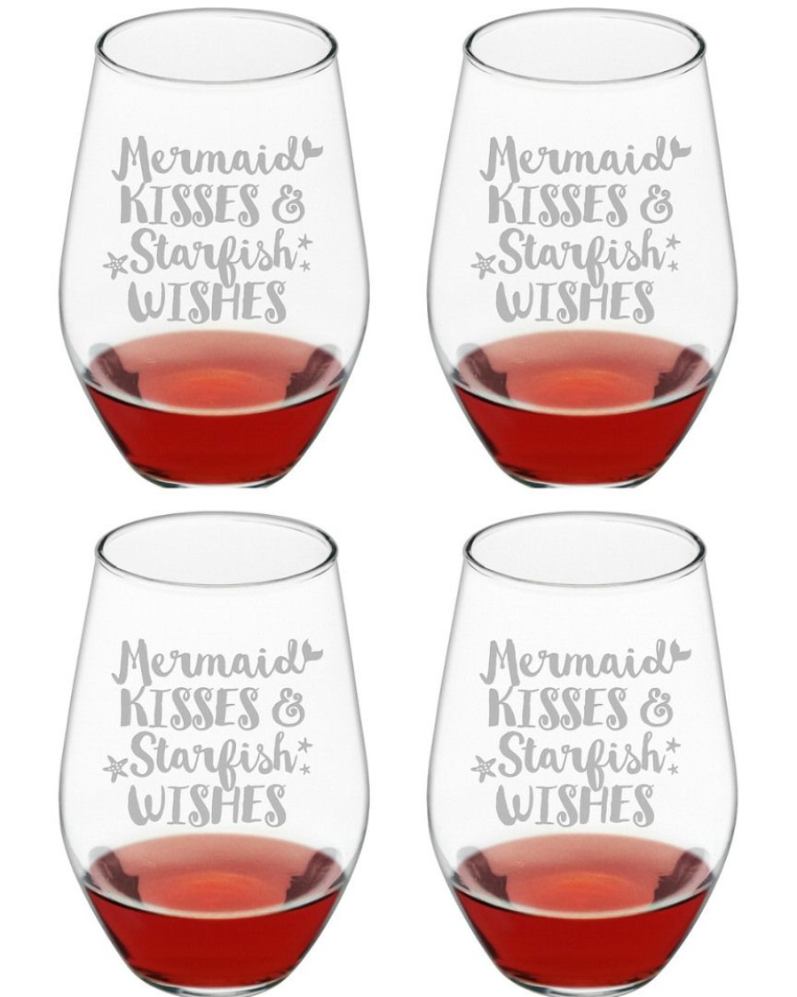 Games & Giftables Susquehanna Glass | Susquehanna Glass Set Of 4 Mermaid Kisses Stemless Wine Glasses Home Bar Carts & Accessories