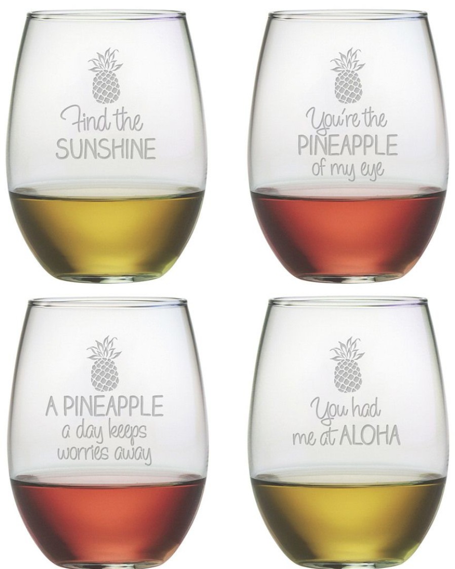 Games & Giftables Susquehanna Glass | Susquehanna Glass Set Of 4 Pineapple Talk Assortment Stemless Wine Glasses Home Bar Carts & Accessories