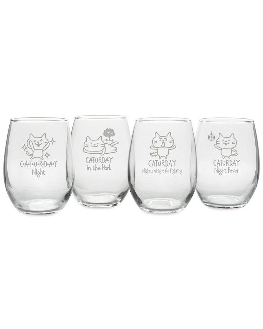 Pet Supplies Susquehanna Glass | Susquehanna Glass Set Of 4 Caturday Night Assortment Stemless Wine Tumblers Home Pet Supplies