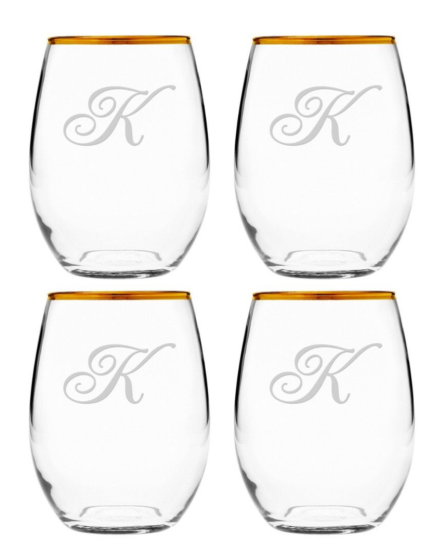 Games & Giftables Susquehanna Glass | Susquehanna Glass Susquehanna Monogrammed Set Of Four 21Oz Champlain Gold-Rimmed Stemless Glasses, (A-Z) Home Bar Carts & Accessories