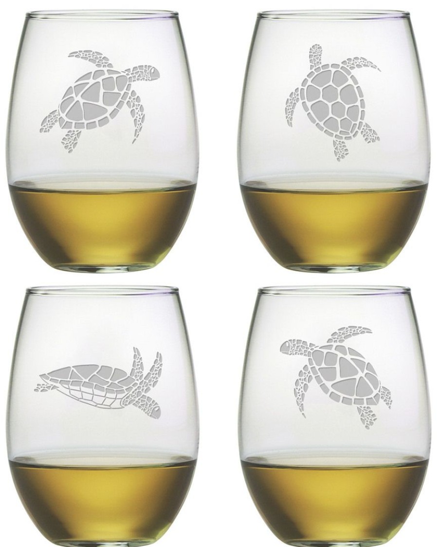 Games & Giftables Susquehanna Glass | Susquehanna Glass Set Of 4 Sea Turtles Assortment Stemless Wine Glasses Home Bar Carts & Accessories