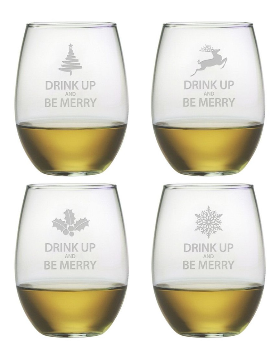 Drinkware Susquehanna Glass | Susquehanna Glass Set Of Four "Drink Up & Be Merry" 21Oz Stemless Home Drinkware