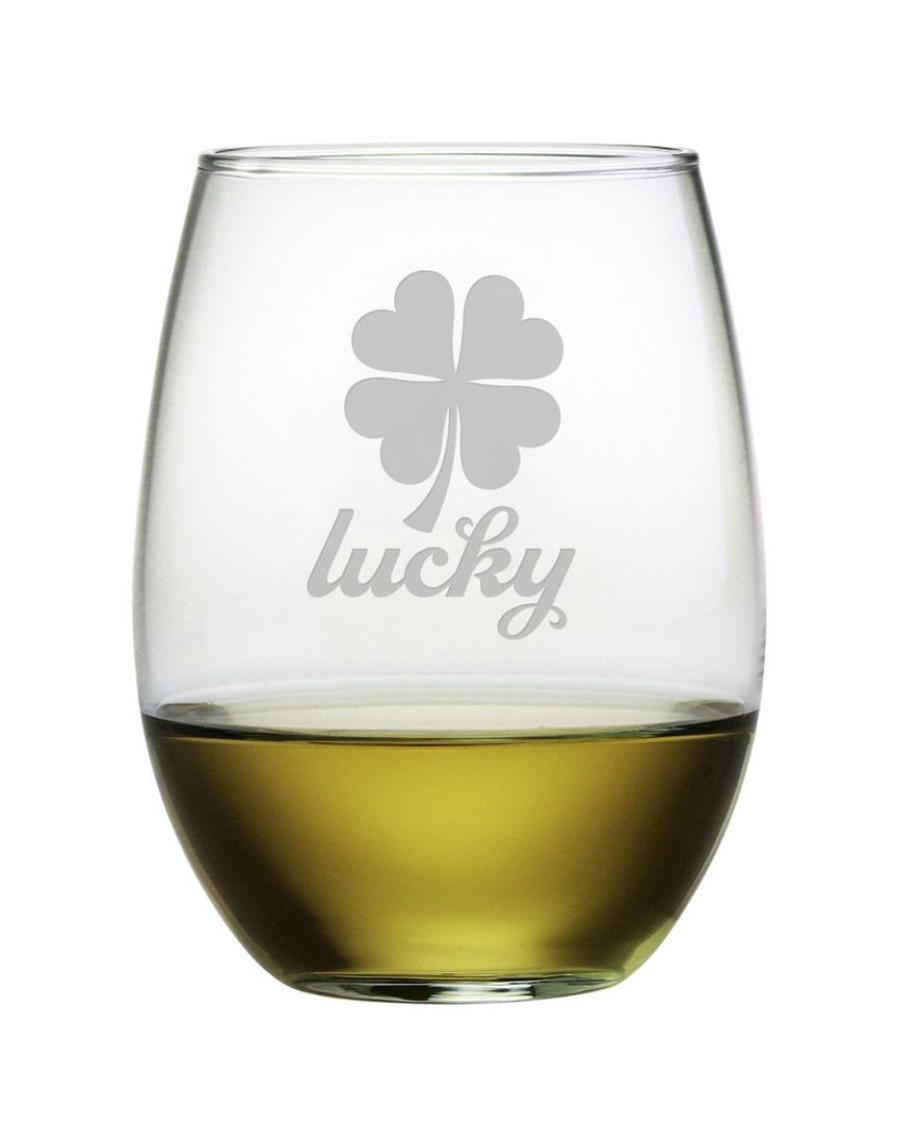 Games & Giftables Susquehanna Glass | Susquehanna Glass "Lucky Shamrock" Set Of 421Oz Stemless Wine Glasses Home Bar Carts & Accessories