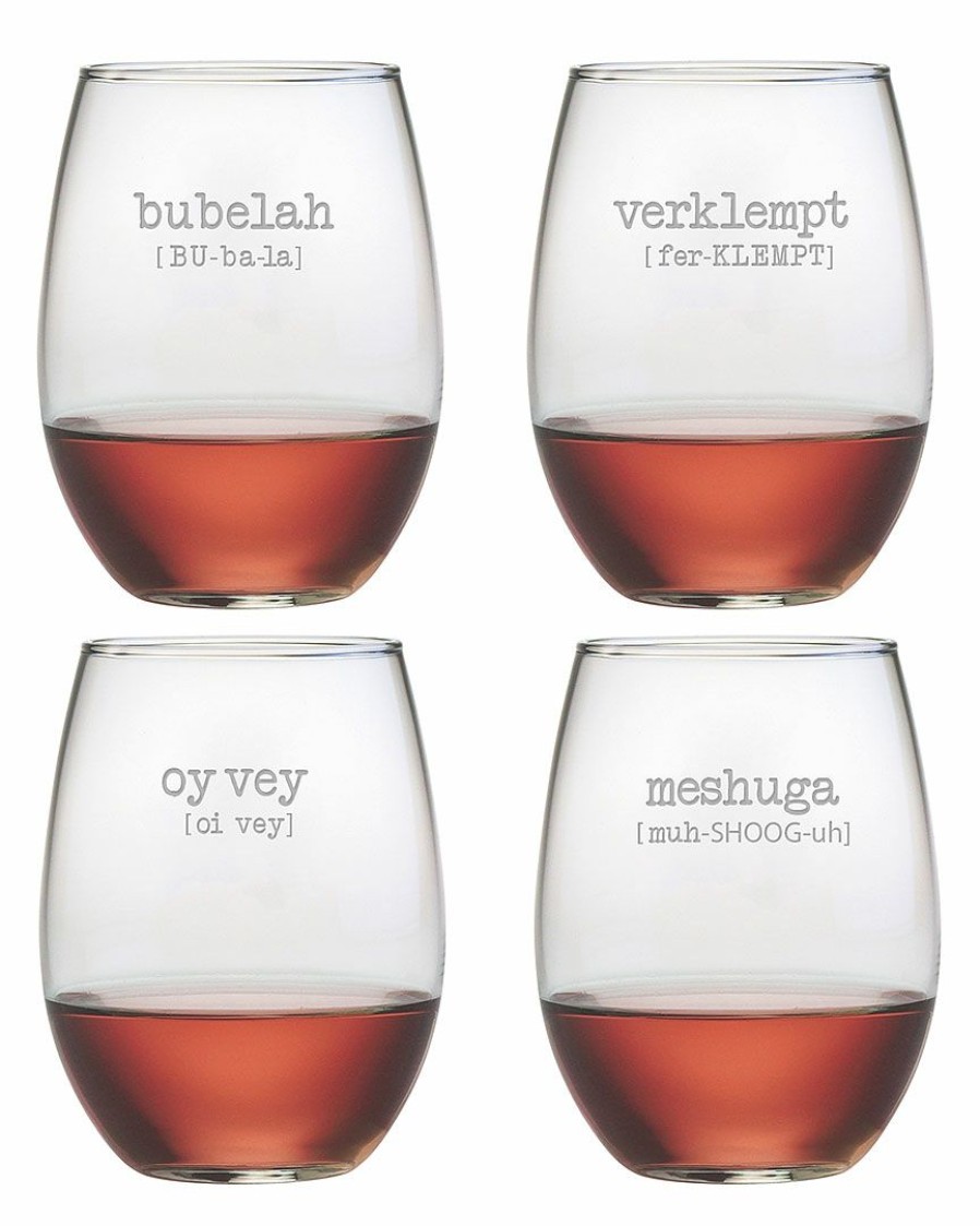 Games & Giftables Susquehanna Glass | Susquehanna Glass Set Of Four Jewish Words 21Oz Stemless Wine Glasses Home Bar Carts & Accessories