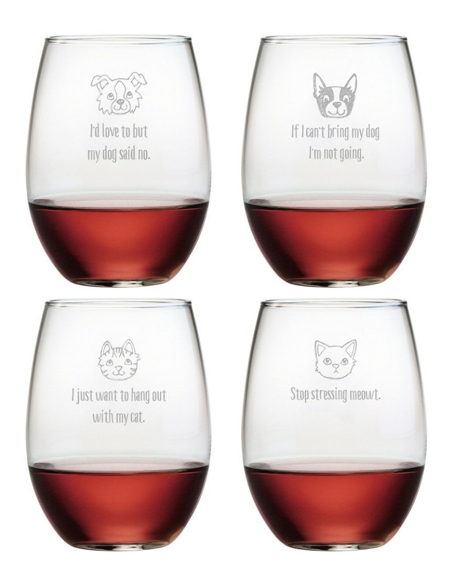 Pet Supplies Susquehanna Glass | Susquehanna Glass Set Of 4 Cats & Dogs Assortment Stemless Wine Tumblers Home Pet Supplies