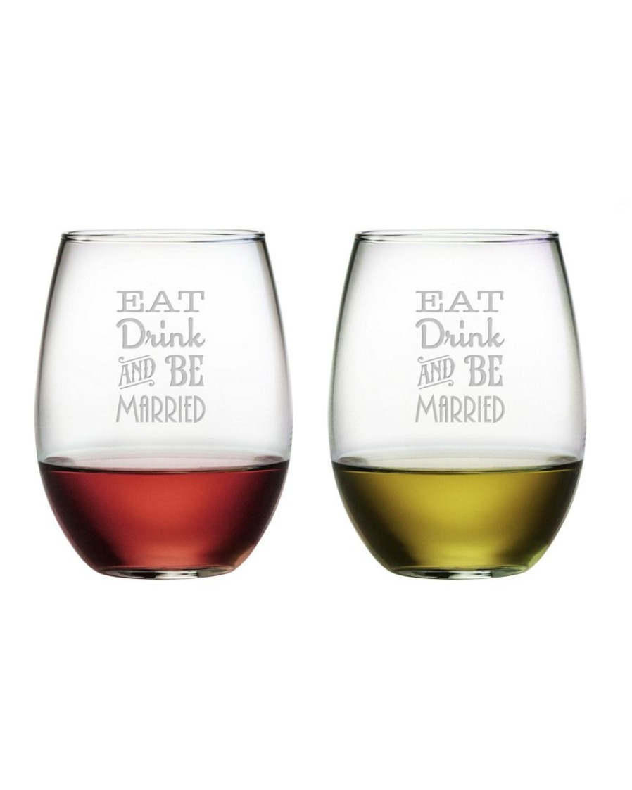 Games & Giftables Susquehanna Glass | Susquehanna Glass "Eat Drink Be Married" Set Of Two 21Oz Stemless Wine Glasses Home Bar Carts & Accessories