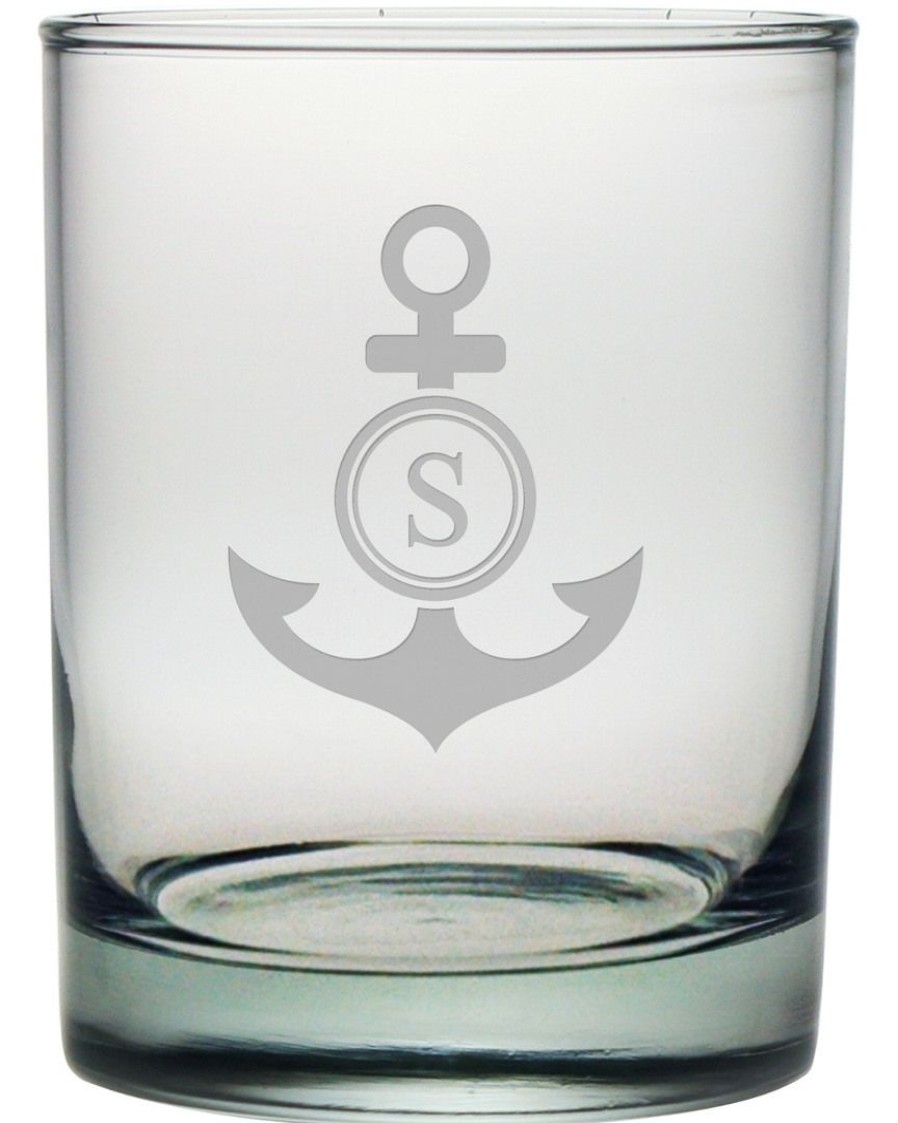 Games & Giftables Susquehanna Glass | Susquehanna Glass Monogrammed Anchor Set Of Four 14Oz Rocks Glasses, (A-Z) Home Bar Carts & Accessories