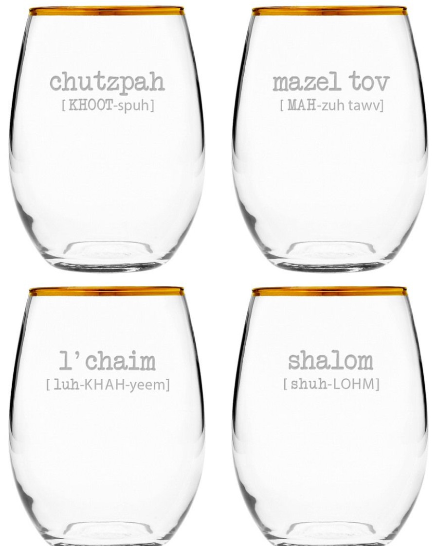 Games & Giftables Susquehanna Glass | Susquehanna Glass Jewish Words Vol 2 Set Of Four 21Oz Stemless Glasses Home Bar Carts & Accessories