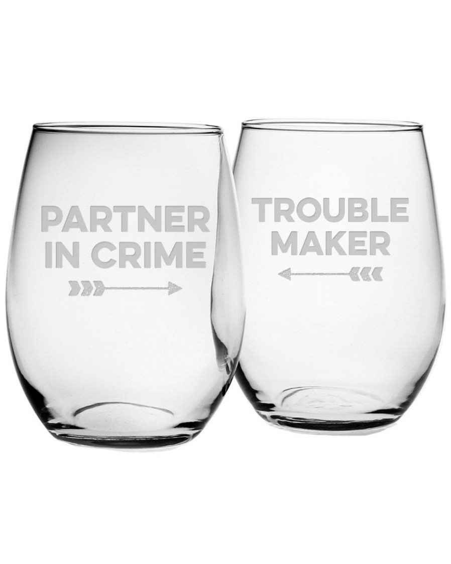 Games & Giftables Susquehanna Glass | Susquehanna Glass Set Of 2 Partners In Crime Stemless Wine Glasses Home Bar Carts & Accessories