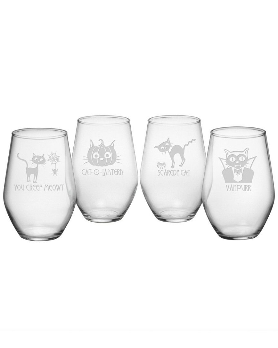 Pet Supplies Susquehanna Glass | Susquehanna Glass Scaredy Cat Assortment Set Of 4 19Oz Stemless Wine Glasses Home Pet Supplies