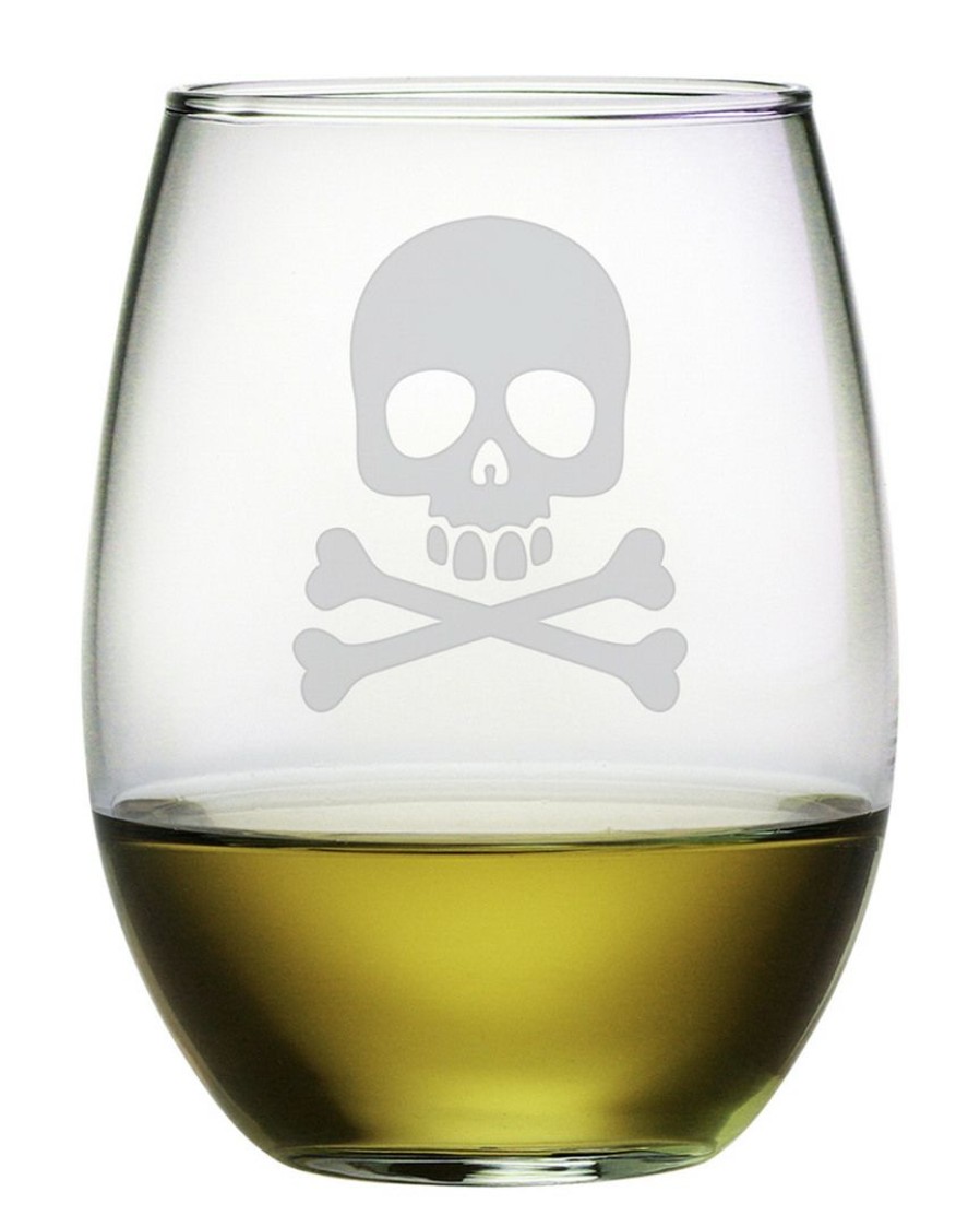 Games & Giftables Susquehanna Glass | Susquehanna Glass Skull & Crossbones Set Of Four 21Oz Stemless Wine Glasses Home Bar Carts & Accessories