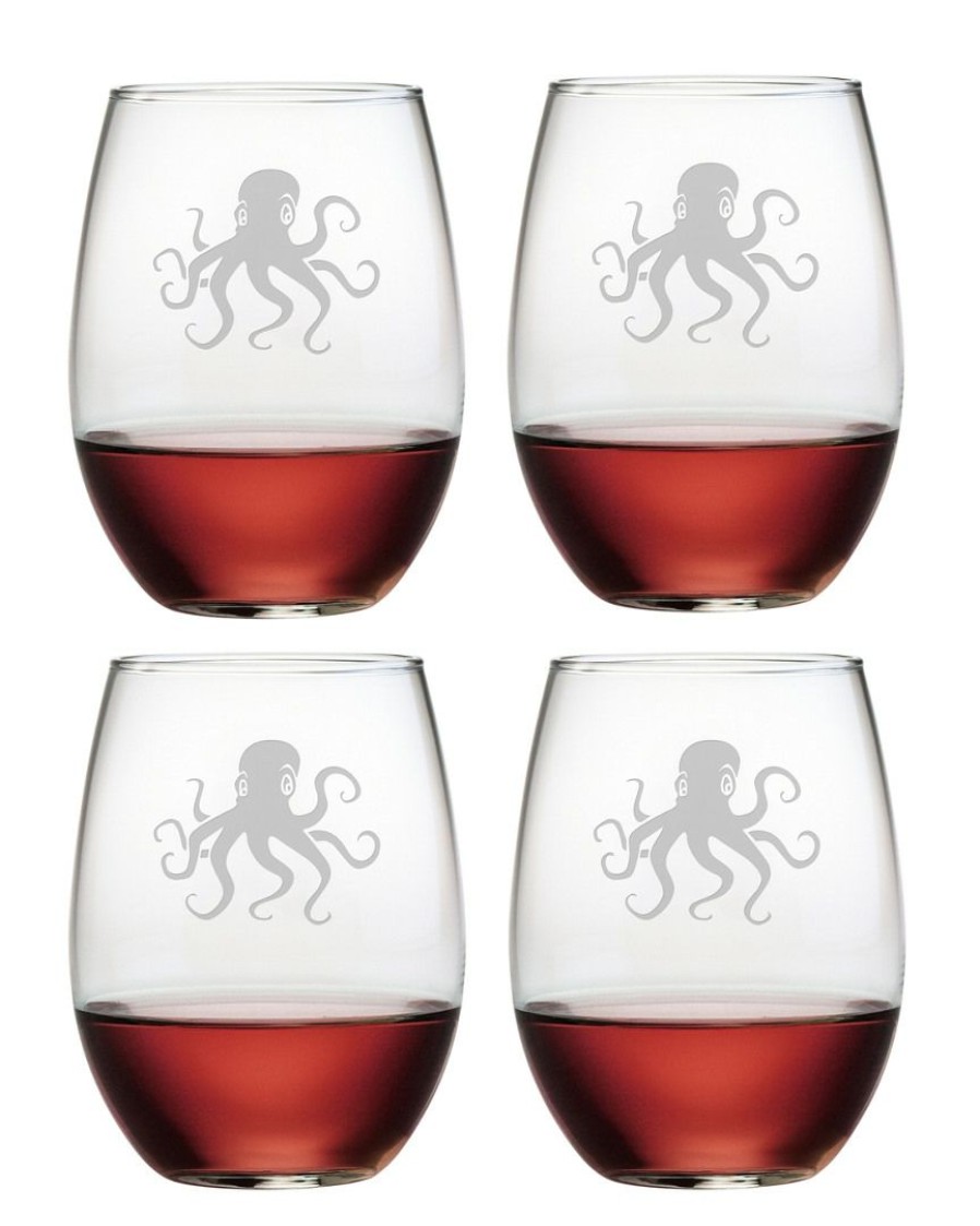 Games & Giftables Susquehanna Glass | Susquehanna Glass Set Of Four Octopus 21Oz Stemless Wine Glasses Home Bar Carts & Accessories