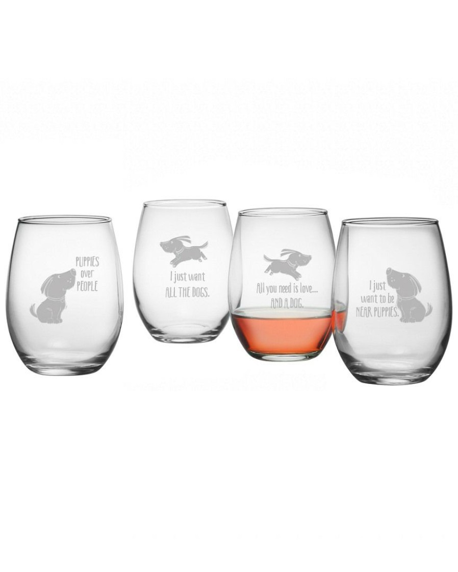 Pet Supplies Susquehanna Glass | Susquehanna Glass Set Of 4 Happy Dog Assortment Stemless Wine Tumblers Home Pet Supplies