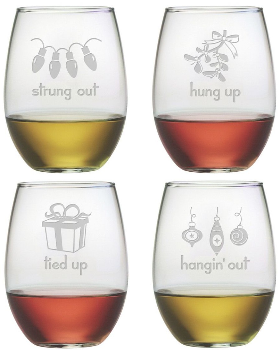 Drinkware Susquehanna Glass | Susquehanna Glass Holiday Hang Set Of Four 21Oz Stemless Wine Glasses Home Drinkware