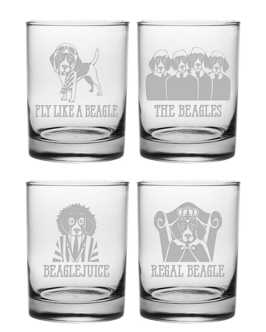 Games & Giftables Susquehanna Glass | Susquehanna Glass Set Of Four Beagle Assortment Rocks 14Oz Glasses Home Bar Carts & Accessories