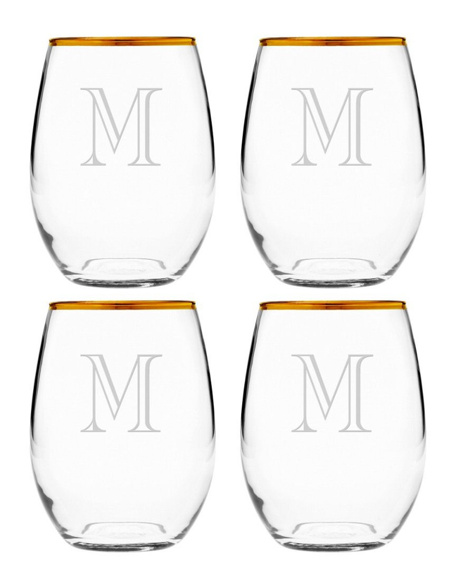 Games & Giftables Susquehanna Glass | Susquehanna Glass Susquehanna Monogrammed Set Of Four 21Oz Engraver Gold-Rimmed Stemless Glasses, (A-Z) Home Bar Carts & Accessories