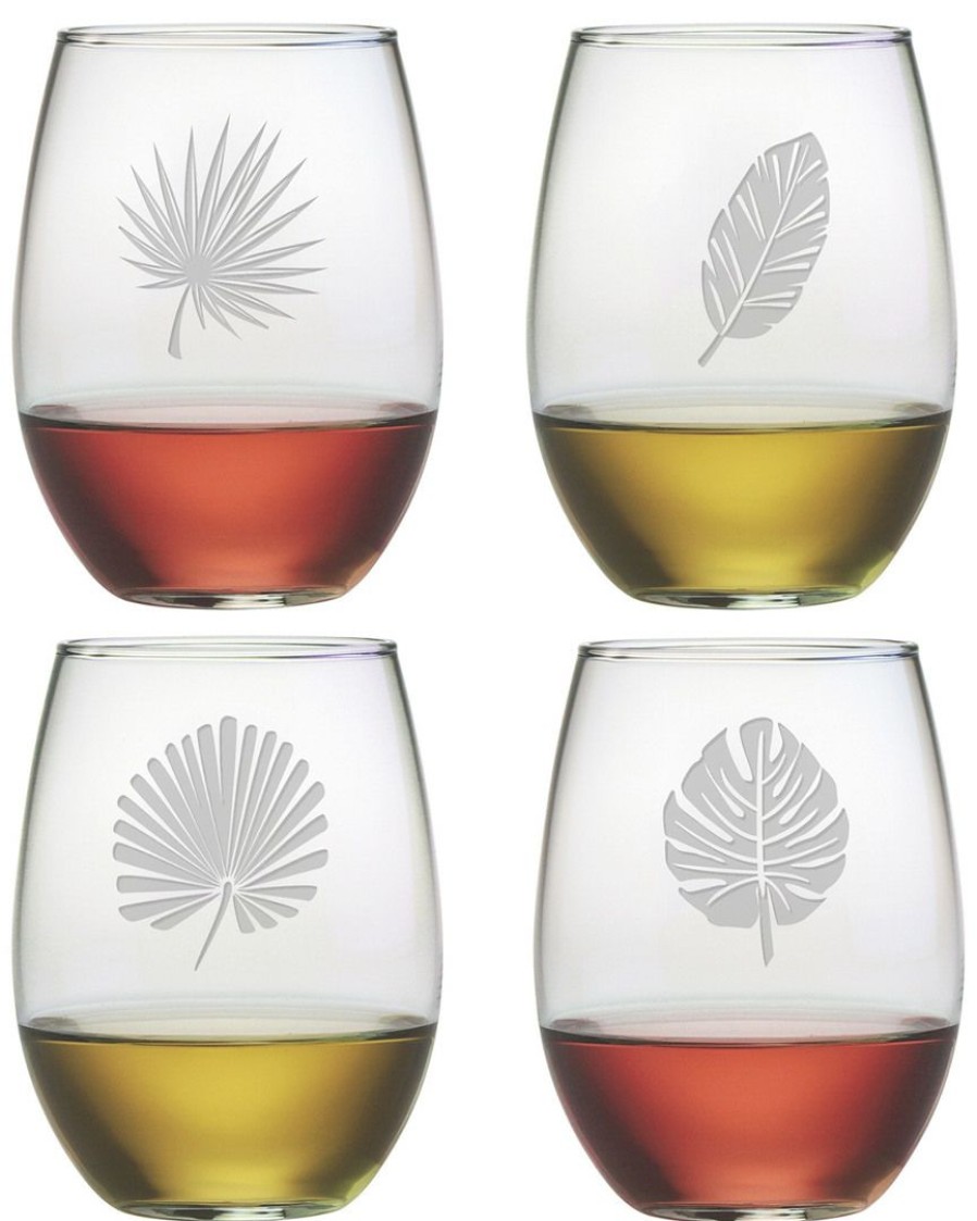 Games & Giftables Susquehanna Glass | Susquehanna Glass Set Of 4 Tropical Foliage Assortment Stemless Wine Glasses Home Bar Carts & Accessories