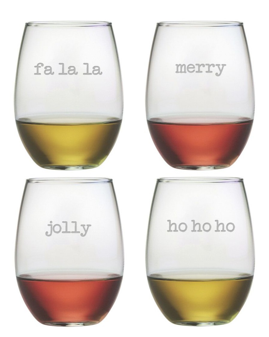 Games & Giftables Susquehanna Glass | Susquehanna Glass Christmas Set Of 4 Stemless Wine Glasses 21Oz Home Bar Carts & Accessories