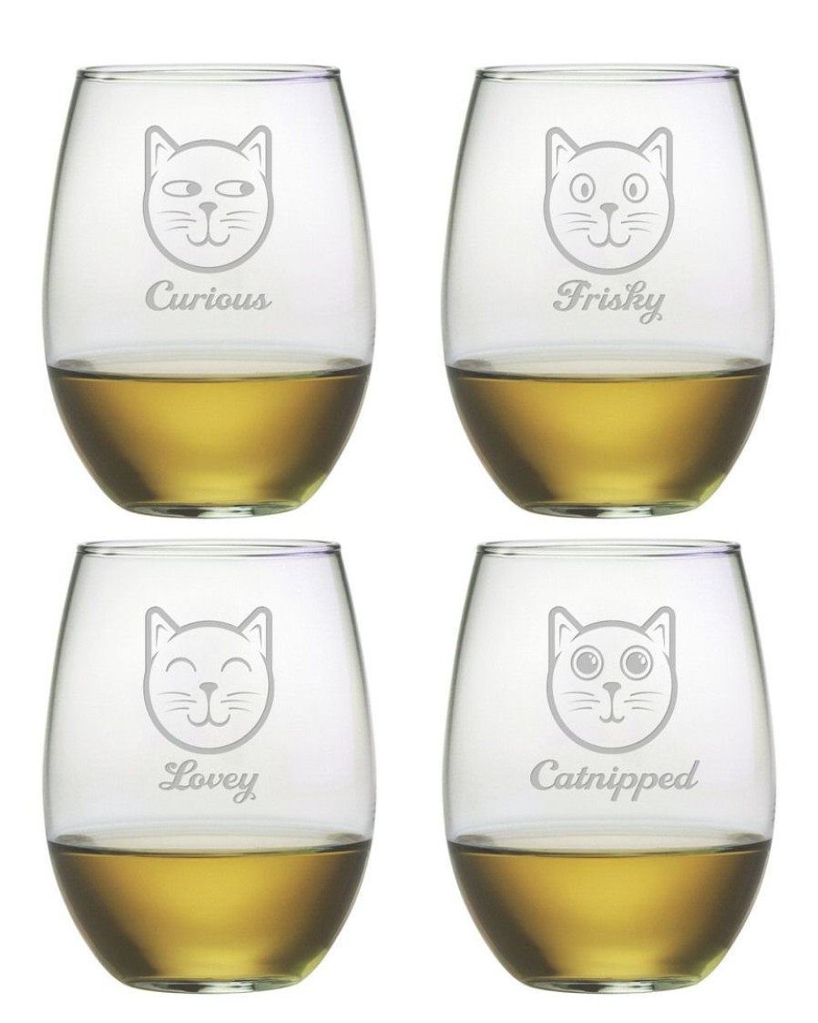 Games & Giftables Susquehanna Glass | Susquehanna Glass Set Of 4 Feline Faces Assortment Stemless Wine Tumblers Home Bar Carts & Accessories