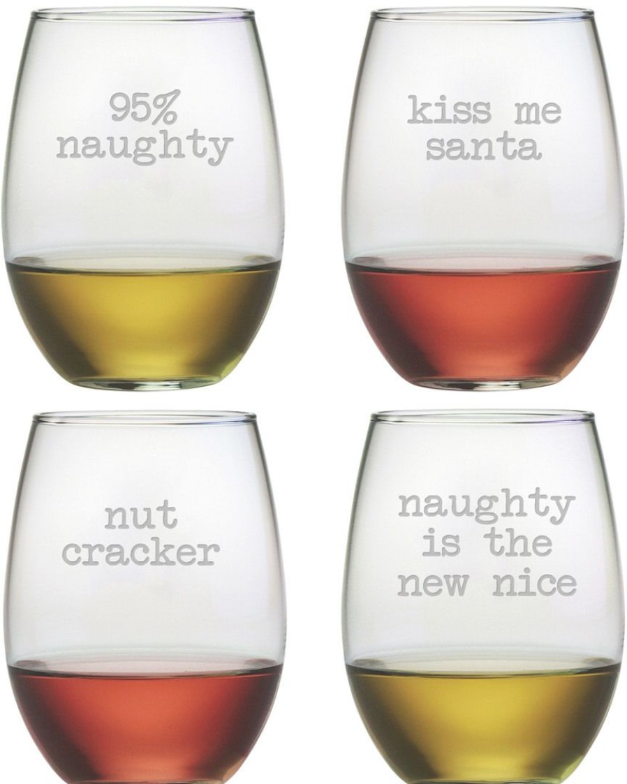 Drinkware Susquehanna Glass | Susquehanna Glass Naughty Christmas Set Of 4 Stemless Wine Glasses 21Oz Home Drinkware