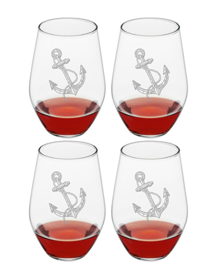 Games & Giftables Susquehanna Glass | Susquehanna Glass Set Of 4 Vintage Anchor Stemless Wine Glasses Home Bar Carts & Accessories