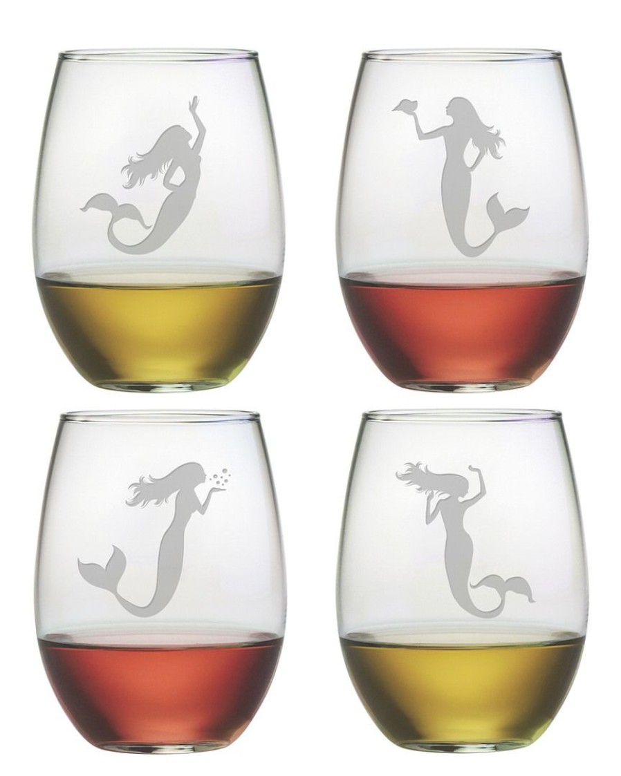 Games & Giftables Susquehanna Glass | Susquehanna Glass Set Of 4 Mermaid Assortment Stemless Wine Home Bar Carts & Accessories