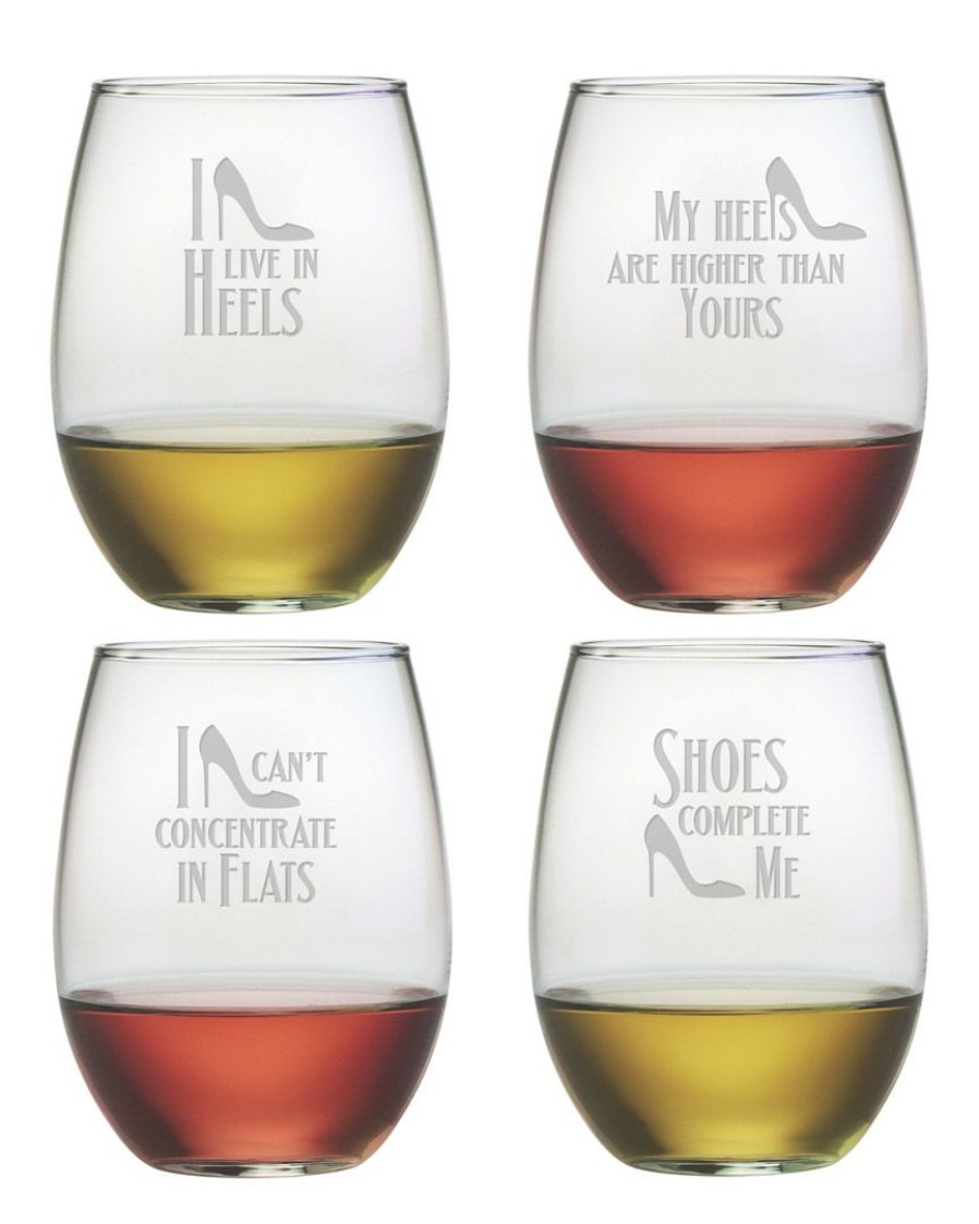 Games & Giftables Susquehanna Glass | Susquehanna Glass "Shoe Quotes" Set Of Four 21Oz Stemless Wine Glasses Home Bar Carts & Accessories