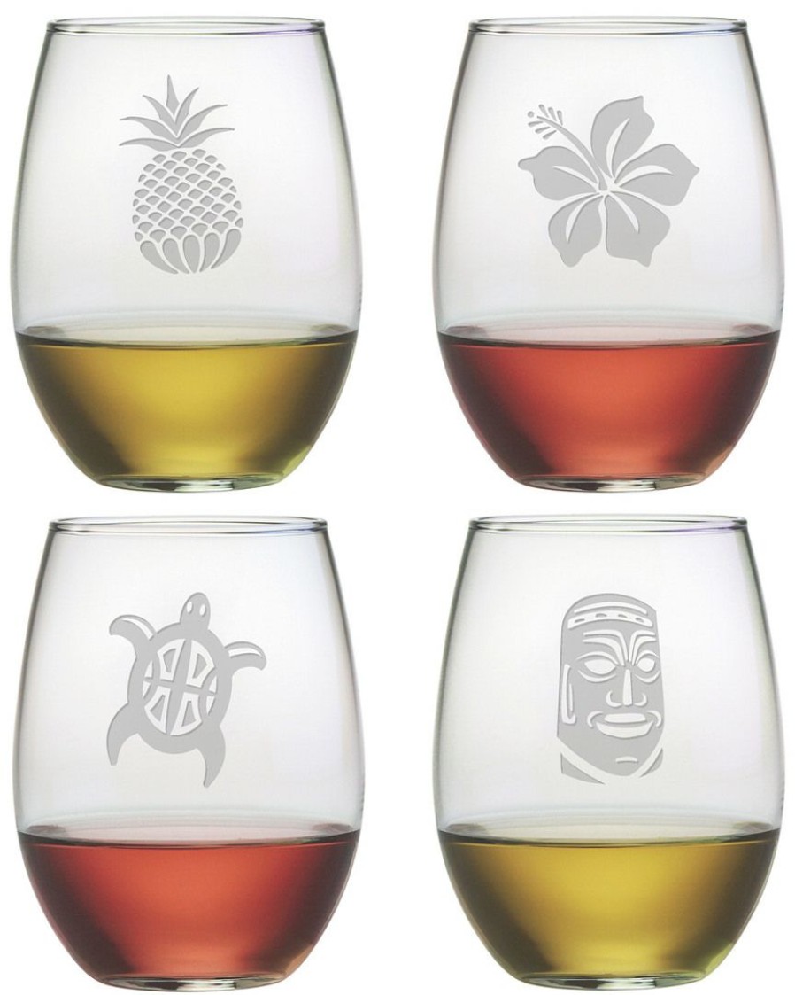 Games & Giftables Susquehanna Glass | Susquehanna Glass Set Of 4 Hawaiian Icons Assortment Stemless Wine Glasses Home Bar Carts & Accessories