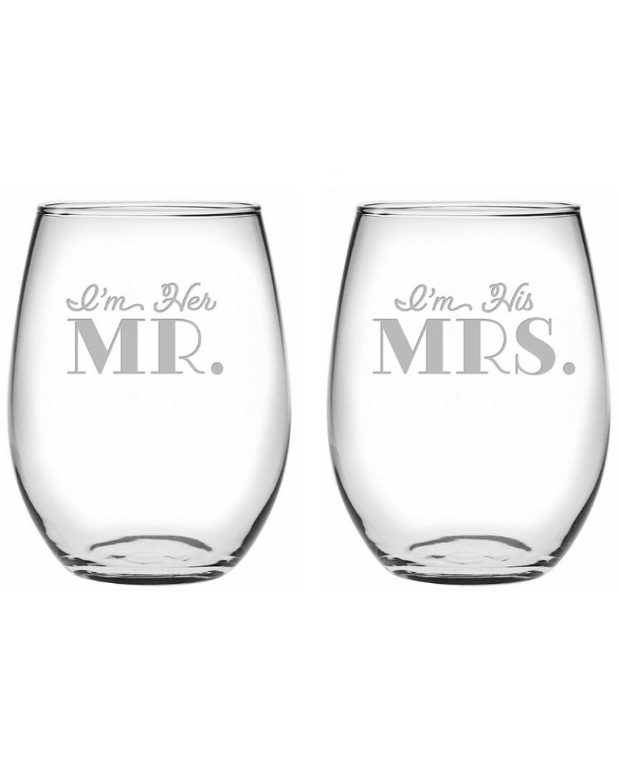 Drinkware Susquehanna Glass | Susquehanna Glass Set Of 2 Her Mr. And His Mrs. Stemless Wine Glasses Home Drinkware