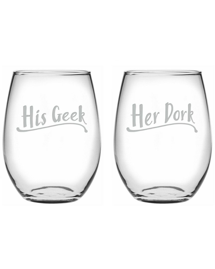 Drinkware Susquehanna Glass | Susquehanna Glass Set Of 2 His Geek & Her Dork Stemless Wine Glasses Home Drinkware