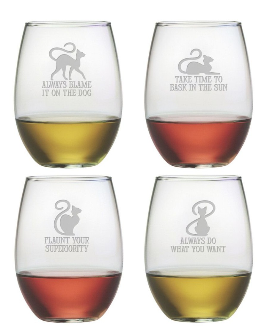 Pet Supplies Susquehanna Glass | Susquehanna Glass Cat Philosophy Set Of 4 21Oz Stemless Wine Glasses Home Pet Supplies