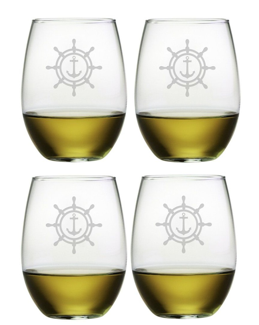 Games & Giftables Susquehanna Glass | Susquehanna Glass Set Of Four Wheel & Anchor 21Oz Stemless Wine Glasses Home Bar Carts & Accessories