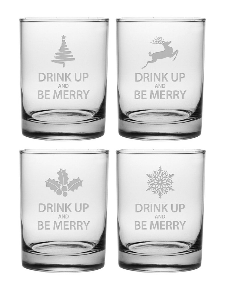 Games & Giftables Susquehanna Glass | Susquehanna Glass Set Of Four "Drink Up & Be Merry" 14Oz Rocks Glasses Home Bar Carts & Accessories