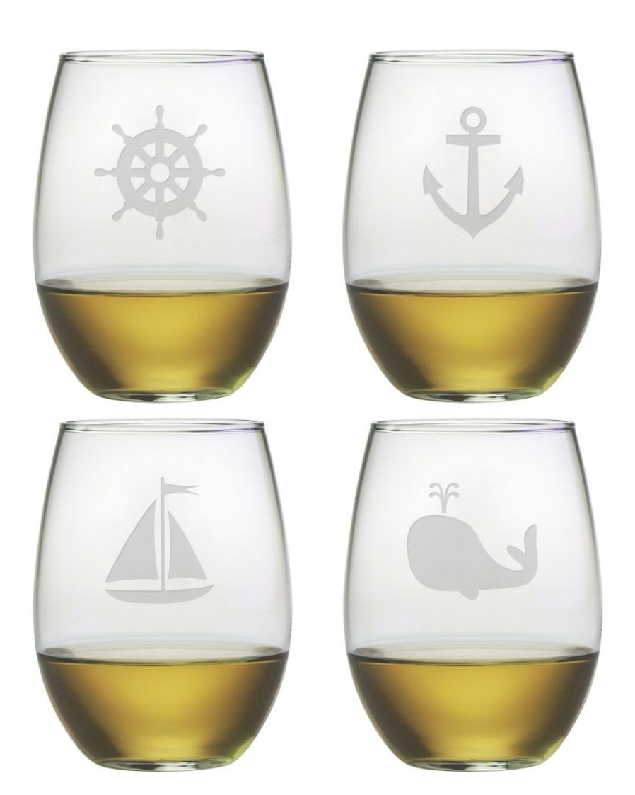 Games & Giftables Susquehanna Glass | Susquehanna Glass Set Of Four Nautical Icons 21Oz Stemless Wine Glasses Home Bar Carts & Accessories