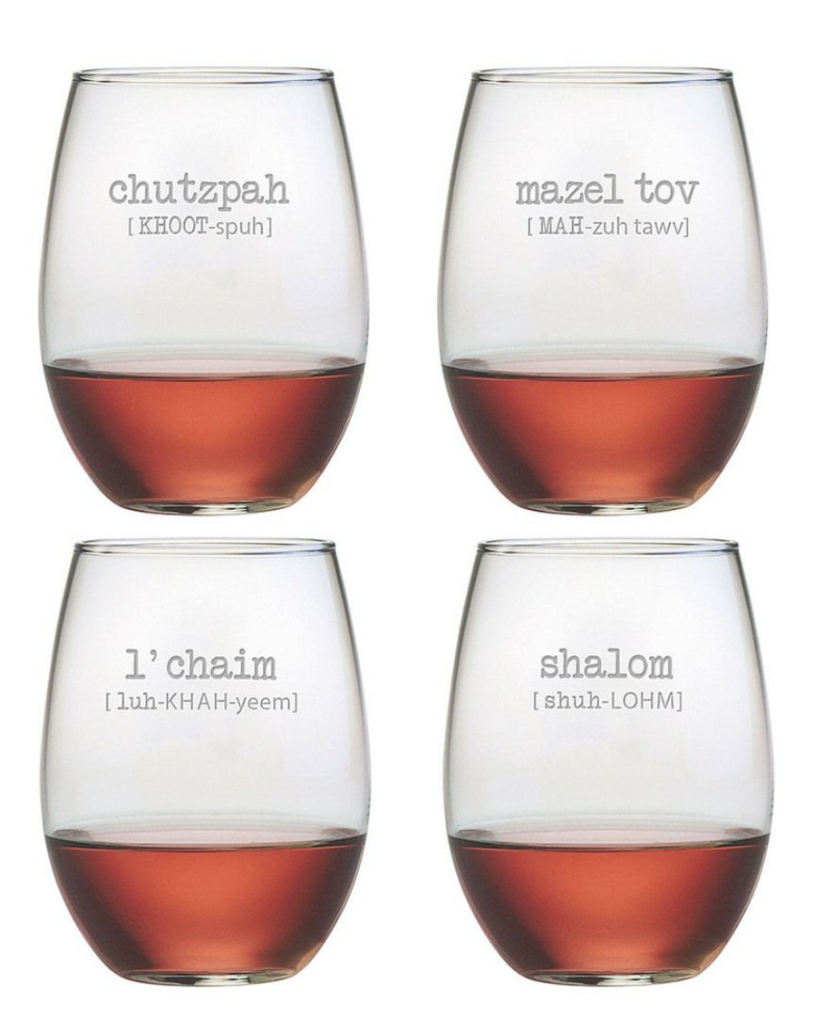 Drinkware Susquehanna Glass | Susquehanna Glass Set Of Four Jewish Words 21Oz Stemless Wine Glasses Home Drinkware