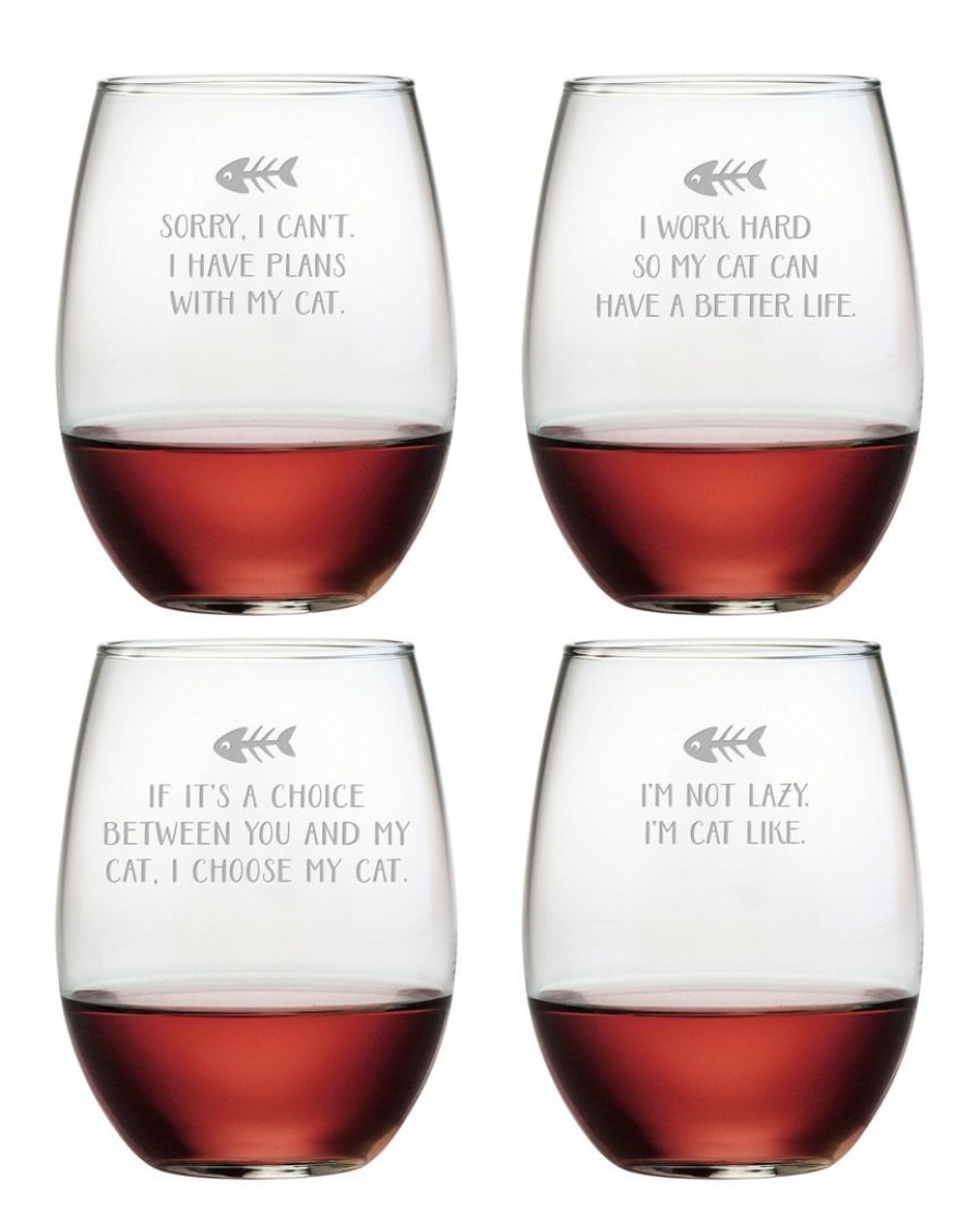 Pet Supplies Susquehanna Glass | Susquehanna Glass Set Of 4 Cat Tales Assortment Stemless Wine Tumblers Home Pet Supplies