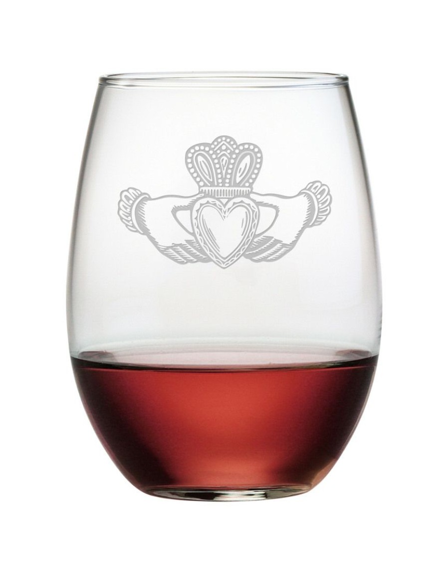 Games & Giftables Susquehanna Glass | Susquehanna Glass Claddagh Set Of 4 21Oz Stemless Wine Glasses Home Bar Carts & Accessories