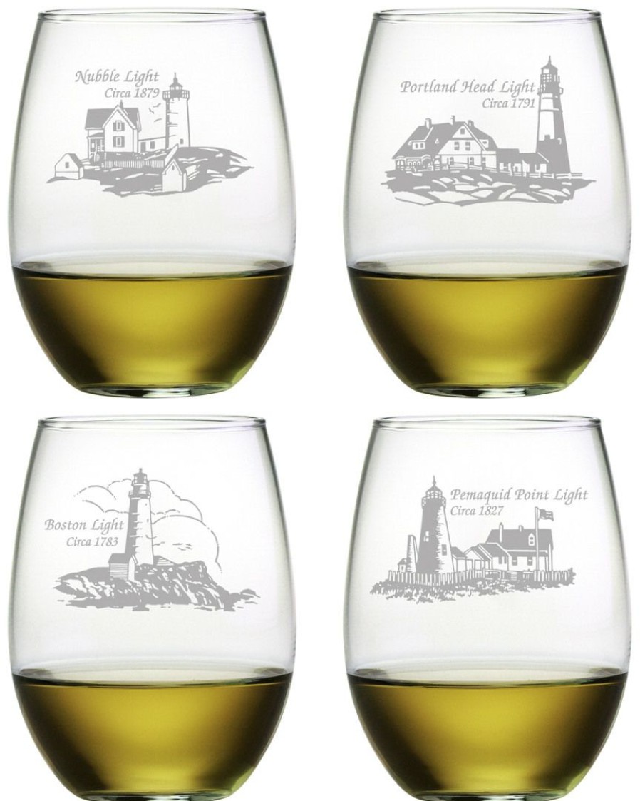 Games & Giftables Susquehanna Glass | Susquehanna Glass Set Of 4 New England Lighthouse Collection Stemless Wine Glasses Home Bar Carts & Accessories