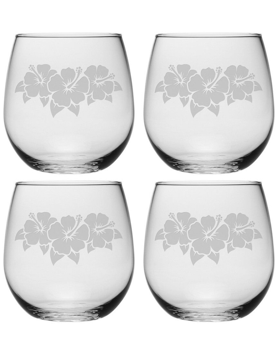 Games & Giftables Susquehanna Glass | Susquehanna Glass Set Of 4 Hibiscus Stemless Wine Glasses Home Bar Carts & Accessories