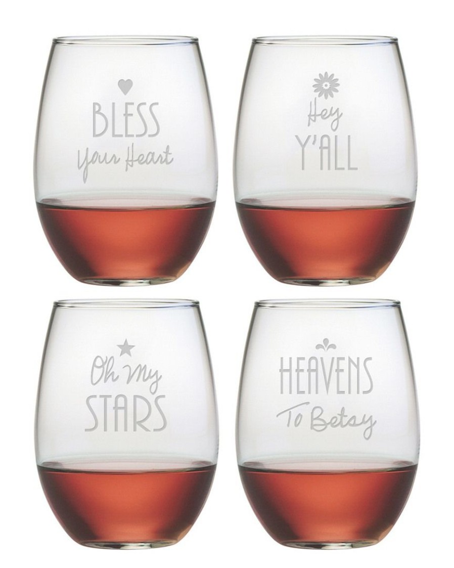 Games & Giftables Susquehanna Glass | Susquehanna Glass Southern Sayings Set Of Four 21Oz Stemless Wine Glasses Home Bar Carts & Accessories