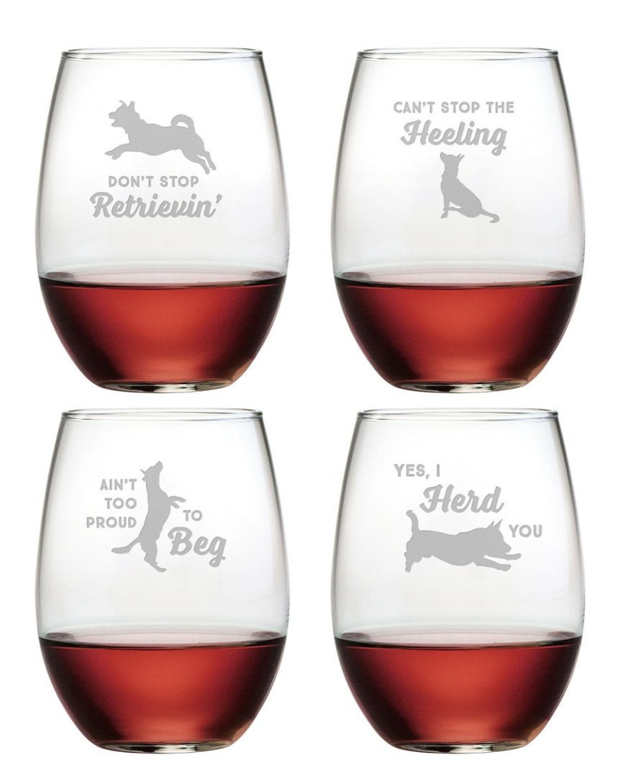 Games & Giftables Susquehanna Glass | Susquehanna Glass Set Of 4 Clever Canines Assortment Stemless Wine Tumblers Home Bar Carts & Accessories