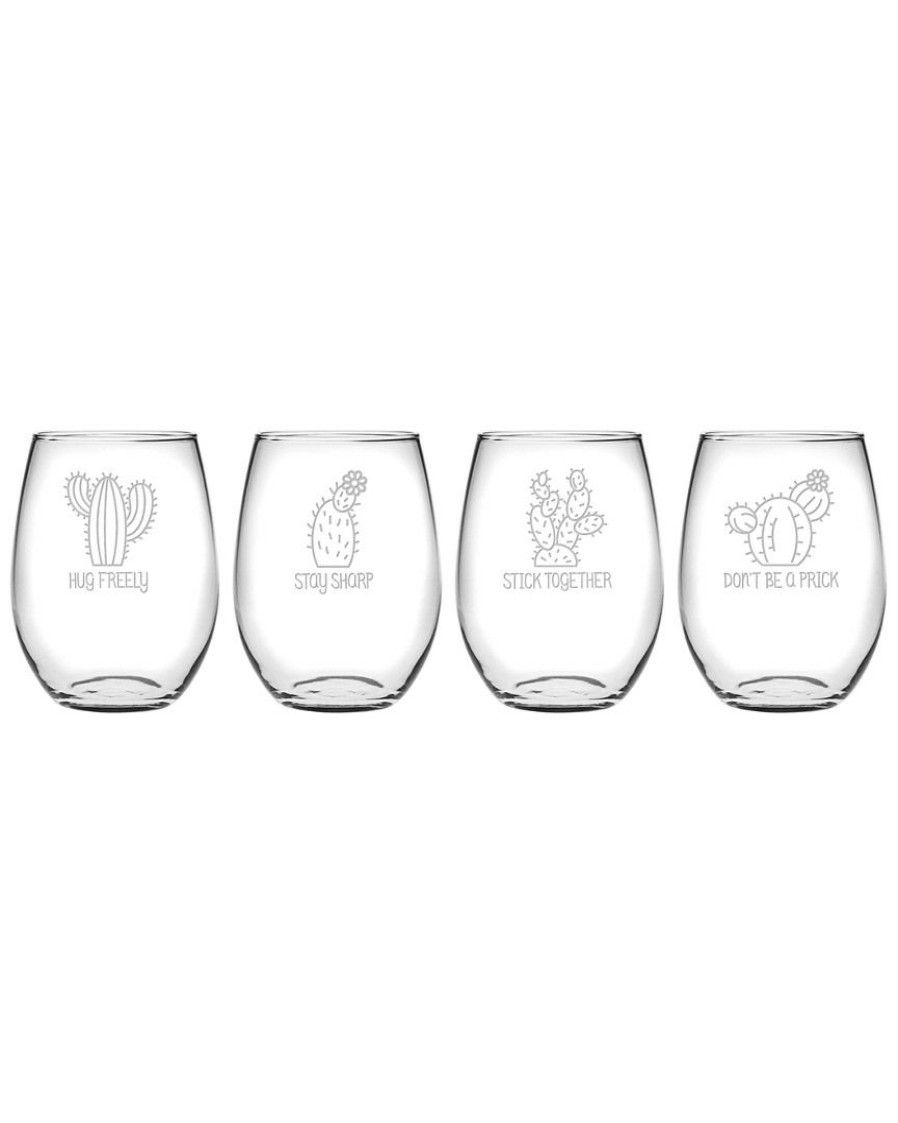 Games & Giftables Susquehanna Glass | Susquehanna Glass Set Of 4 Advice From A Cactus Assortment Stemless Wine Home Bar Carts & Accessories