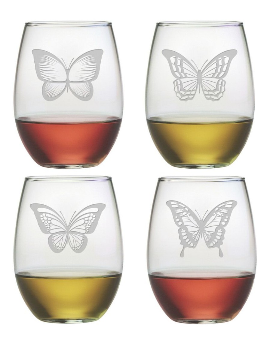 Games & Giftables Susquehanna Glass | Susquehanna Glass Set Of Four 21Oz Butterfly Assortment Stemless Glasses Home Bar Carts & Accessories