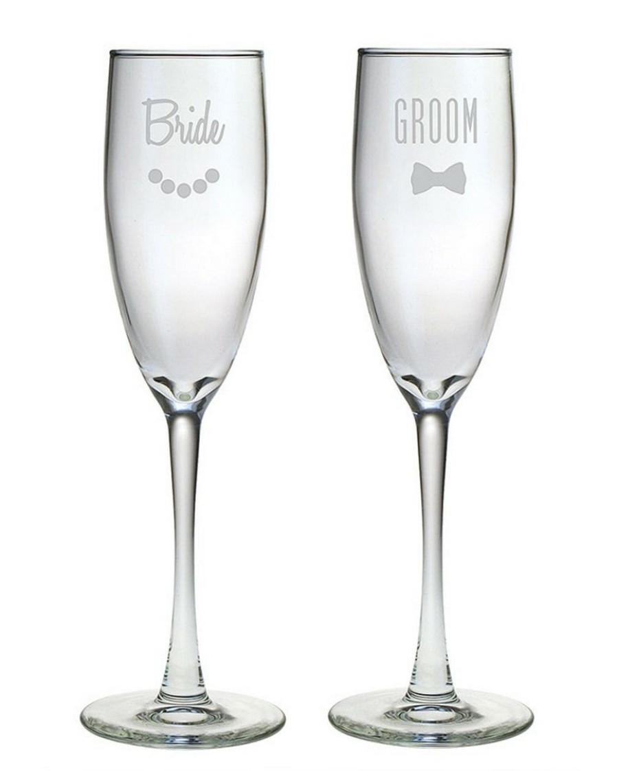 Drinkware Susquehanna Glass | Susquehanna Glass Set Of Two 5.75Oz Bride & Groom Champagne Flutes Home Drinkware