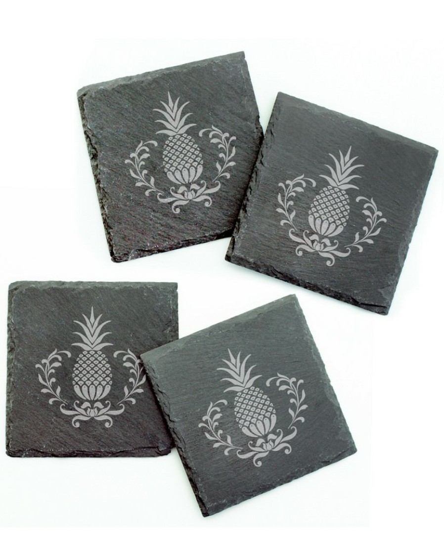 Games & Giftables Susquehanna Glass | Susquehanna Glass Set Of 4 Pineapple Wreath Square Slate Coasters Home Bar Carts & Accessories